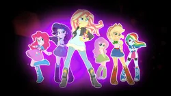 Size: 1920x1080 | Tagged: safe, derpibooru import, screencap, applejack, fluttershy, pinkie pie, rainbow dash, rarity, sunset shimmer, equestria girls, friendship games, balloon, boots, bracelet, clothes, cowboy boots, credits, female, high heel boots, humane five, jacket, jewelry, leather jacket, opening credits, pose, shoes, skirt, socks