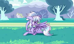 Size: 3600x2160 | Tagged: safe, artist:dsp2003, derpibooru import, cloudchaser, pegasus, pony, blushing, cloud, commission, cute, eye clipping through hair, feather, female, grooming, lying down, lying on the ground, mare, outdoors, ponyville, preening, prone, scrunchy face, solo