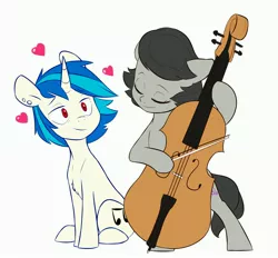 Size: 4096x3803 | Tagged: safe, artist:chub-wub, derpibooru import, octavia melody, vinyl scratch, earth pony, pony, unicorn, alternate hairstyle, bipedal, cello, chest fluff, cute, ear piercing, earring, eyes closed, female, heart, jewelry, lesbian, mare, musical instrument, older, piercing, scratchtavia, shipping, simple background, sitting, tavibetes, vinylbetes, white background