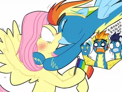 Size: 1600x1200 | Tagged: safe, artist:yaaaco, derpibooru import, fleetfoot, fluttershy, rainbow dash, soarin', spitfire, pegasus, pony, :i, bipedal, blushing, chinese text, clothes, expressions, eyes closed, female, flag, flutterdash, french kiss, glomp, goggles, grin, hoof hold, hug, kissing, lesbian, male, mare, moon runes, open mouth, question mark, raised hoof, shipper on deck, shipping, simple background, smiling, spread wings, stallion, starry eyes, surprised, uniform, white background, wingboner, wingding eyes, wings, wonderbolts, wonderbolts uniform