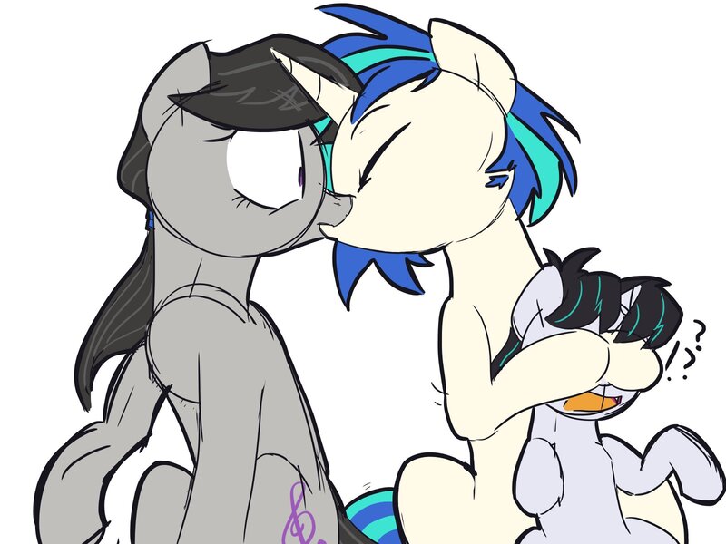 Size: 1600x1200 | Tagged: safe, artist:yaaaco, derpibooru import, octavia melody, vinyl scratch, oc, oc:viola harmony, earth pony, pony, unicorn, blank flank, covering eyes, eyes closed, family, female, filly, french kiss, kissing, lesbian, magical lesbian spawn, mare, mother and child, mother and daughter, offspring, parent:octavia melody, parent:vinyl scratch, parents:scratchtavia, question mark, raised hoof, scratchtavia, shipping, simple background, sitting, surprise kiss, white background