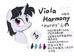 Size: 1600x1200 | Tagged: safe, artist:yaaaco, derpibooru import, oc, oc:viola harmony, pony, unicorn, chinese text, female, magical lesbian spawn, mare, moon runes, offspring, parent:octavia melody, parent:vinyl scratch, parents:scratchtavia, reference sheet, simple background, translation request, white background