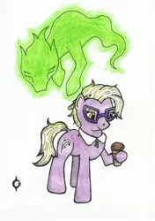 Size: 1188x1686 | Tagged: safe, artist:assertiveshypony, derpibooru import, grace manewitz, earth pony, ghost, ghost pony, pony, undead, clothes, coffee cup, cup, drawing, ghostbusters, glasses, pencil, simple background, slimer, traditional art, white background