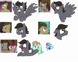 Size: 2000x1600 | Tagged: safe, artist:yaaaco, derpibooru import, doctor whooves, rainbow dash, roseluck, time turner, oc, oc:ariel wind, oc:ticking time, pegasus, pony, alternate hairstyle, bowtie, clothes, female, glasses, gritted teeth, jacket, like father like son, like parent like child, magical lesbian spawn, male, mare, offspring, older, older rainbow dash, open mouth, parent:derpy hooves, parent:doctor whooves, parent:fluttershy, parent:rainbow dash, parents:doctorderpy, parents:flutterdash, raised hoof, scarf, simple background, stallion, this will end in death, this will end in tears, this will end in tears and/or death, white background