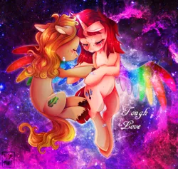 Size: 1267x1200 | Tagged: safe, artist:meqiopeach, derpibooru import, screencap, oc, unofficial characters only, alicorn, pony, unicorn, alicorn oc, blushing, commission, couple, crying, ethereal mane, female, fluffy, full body, galaxy, hoof hold, horn, hug, love, magic, magic aura, male, mare, plaster, rainbow, rainbow power, space, stallion, starry mane, stars, teary eyes, unicorn oc, wings