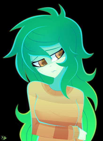 Size: 2298x3144 | Tagged: safe, artist:xan-gelx, derpibooru import, wallflower blush, equestria girls, equestria girls series, forgotten friendship, black background, clothes, cute, flowerbetes, freckles, sad, sadorable, simple background, solo, sweater