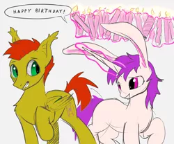 Size: 3728x3106 | Tagged: safe, artist:xbi, derpibooru import, oc, oc:alkarasu, oc:lapush buns, bat pony, bunnycorn, pony, unicorn, bunny ears, candle, dialogue, happy birthday, simple background, sketch, white background