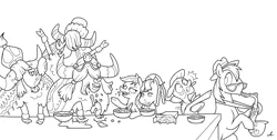 Size: 4725x2381 | Tagged: safe, artist:docwario, derpibooru import, applejack, big macintosh, granny smith, earth pony, yak, black and white, cereal, dexterous hooves, eating, food, grayscale, heart attack, lineart, messy eating, milk, monochrome, musical instrument, open mouth, saxophone, simple background, white background