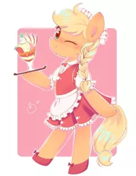 Size: 1579x2048 | Tagged: safe, artist:1drfl_world_end, derpibooru import, applejack, earth pony, pony, alternate hairstyle, apple slice, apron, bipedal, braid, clothes, cute, female, food, jackabetes, looking at you, maid, mare, one eye closed, pixiv, smiling, solo, strawberry, sundae, waitress, wink