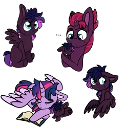 Size: 1352x1376 | Tagged: safe, artist:greyestgray, derpibooru import, tempest shadow, twilight sparkle, twilight sparkle (alicorn), oc, oc:calvary troop, alicorn, pegasus, pony, book, colt, magical lesbian spawn, male, offspring, parent:tempest shadow, parent:twilight sparkle, parents:tempestlight, simple background, sleeping, transparent background