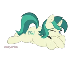 Size: 2200x1700 | Tagged: safe, artist:nebychko, derpibooru import, oc, oc:spring starflower, unofficial characters only, unicorn, choker, cute, female, one eye closed, simple background, solo, trans female, transgender, transparent background, wink