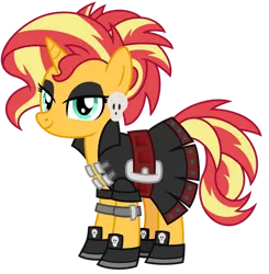 Size: 1024x1045 | Tagged: safe, artist:emeraldblast63, derpibooru import, sunset shimmer, pony, unicorn, alternate hairstyle, belt, clothes, ear piercing, earring, edgelight glimmer, eyeshadow, female, gameloft interpretation, goth, hoof shoes, jacket, jewelry, leather jacket, makeup, mare, piercing, simple background, skirt, solo, transparent background