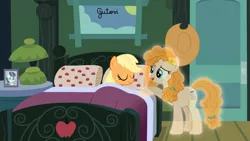 Size: 3151x1772 | Tagged: safe, artist:gutovi, derpibooru import, applejack, coloratura, pear butter, ghost, undead, applejack's bedroom, applejack's hat, bed, bedroom, cowboy hat, door, hat, implied rarajack, lamp, pillow