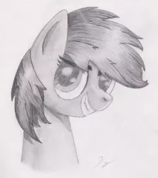 Size: 1399x1573 | Tagged: safe, artist:harleneap, derpibooru import, rainbow dash, pegasus, pony, bust, monochrome, pencil drawing, portrait, solo, traditional art