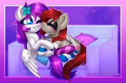 Size: 1284x840 | Tagged: safe, artist:sickly-sour, derpibooru import, oc, oc:lavanda, oc:ponepony, unofficial characters only, earth pony, pegasus, pony, clothes, couch, cuddling, cute, eyeshadow, female, flower, flower in hair, happy, hug, kissing, lesbian, makeup, ponelav, shipping, socks, striped socks, wholesome, winghug