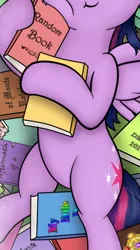 Size: 316x565 | Tagged: safe, artist:flufflelord, derpibooru import, edit, twilight sparkle, twilight sparkle (alicorn), alicorn, pony, belly, book, cropped, pictures of bellies, pile of books, princess sleeping on books, rotated, solo, squishy cheeks, that pony sure does love books