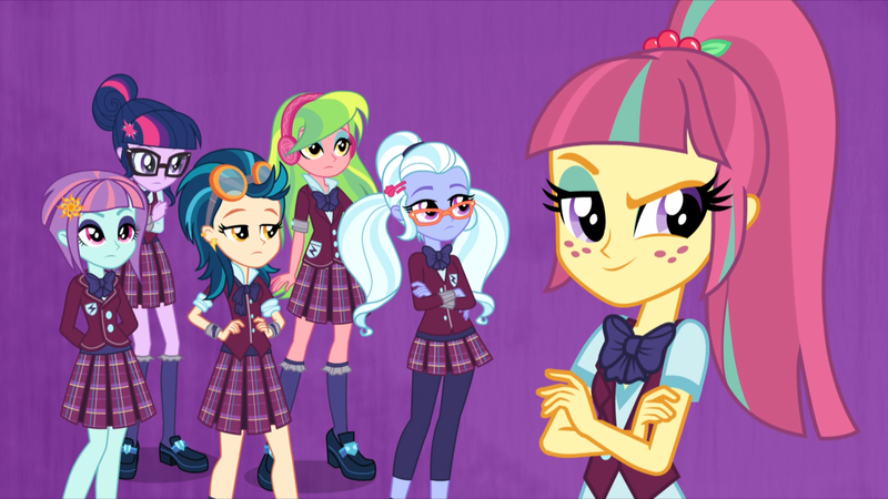 Size: 1920x1080 | Tagged: safe, derpibooru import, screencap, indigo zap, lemon zest, sci-twi, sour sweet, sugarcoat, sunny flare, twilight sparkle, acadeca, equestria girls, friendship games, clothes, crossed arms, crystal prep academy, crystal prep academy uniform, dreamworks face, glasses, hand on hip, hands behind back, lidded eyes, outfit, school uniform, shadow six