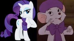 Size: 1030x576 | Tagged: safe, derpibooru import, edit, edited screencap, screencap, rarity, mouse, pony, rodent, unicorn, bedroom eyes, bianca, black background, comparison, disney, looking at you, simple background, smiling, the rescuers