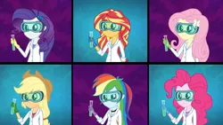 Size: 1920x1080 | Tagged: safe, derpibooru import, screencap, applejack, fluttershy, pinkie pie, rainbow dash, rarity, sunset shimmer, acadeca, equestria girls, friendship games, clothes, female, gloves, goggles, humane five, lab coat, rubber gloves, safety goggles, sunset the science gal, test tube