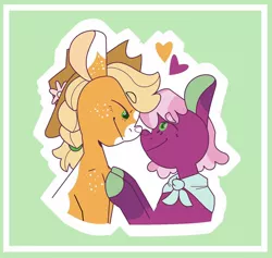 Size: 1280x1212 | Tagged: safe, artist:amazingly-gay-evan, derpibooru import, applejack, cheerilee, earth pony, pony, applejack's hat, cheerijack, cowboy hat, female, freckles, green background, hat, heart, lesbian, looking at each other, shawl, shipping, shoulder freckles, simple background