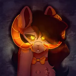Size: 4300x4300 | Tagged: safe, artist:tuzz-arts, derpibooru import, oc, oc:madana, unofficial characters only, demon, demon pony, earth pony, original species, pony, black sclera, bow, bowtie, chest fluff, crying, female, glowing eyes, glowing horn, glowing horns, horn, horns, simple background, solo, tears of sadness, teary eyes