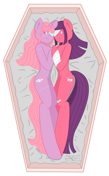 Size: 1024x1647 | Tagged: safe, artist:lolitablue, derpibooru import, oc, unofficial characters only, anthro, earth pony, unguligrade anthro, unicorn, arm hooves, bandage, coffin, earth pony oc, eyepatch, female, horn, lying down, siblings, simple background, sisters, transparent background, unicorn oc