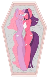 Size: 1024x1647 | Tagged: safe, artist:lolitablue, derpibooru import, oc, unofficial characters only, anthro, earth pony, unguligrade anthro, unicorn, arm hooves, bandage, coffin, earth pony oc, eyepatch, female, horn, lying down, siblings, simple background, sisters, transparent background, unicorn oc