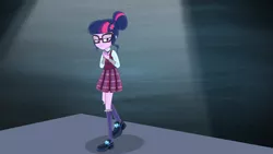 Size: 1920x1080 | Tagged: safe, derpibooru import, screencap, sci-twi, twilight sparkle, acadeca, equestria girls, friendship games, clothes, glasses, nervous, shoes, skirt, socks, solo