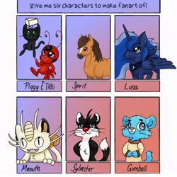 Size: 900x900 | Tagged: safe, artist:aystheseagul, derpibooru import, princess luna, alicorn, anthro, cat, horse, meowth, pony, six fanarts, anthro with ponies, crossover, ethereal mane, female, gumball watterson, mare, miraculous ladybug, peytral, pokémon, spirit (character), starry mane, sylvester, the amazing world of gumball