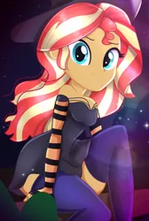 Size: 1615x2397 | Tagged: safe, artist:artmlpk, derpibooru import, sunset shimmer, equestria girls, adorable face, adorasexy, adorkable, alternate hairstyle, beautiful, black dress, clothes, costume, cute, digital art, dork, dress, female, hair, halloween, hat, holiday, sexy, shimmerbetes, socks, solo, thigh highs, thighs, watermark, witch, witch hat