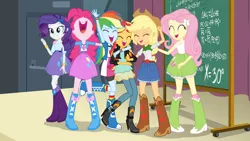 Size: 1920x1080 | Tagged: safe, derpibooru import, screencap, applejack, fluttershy, pinkie pie, rainbow dash, rarity, sunset shimmer, equestria girls, friendship games, boots, bracelet, chalkboard, clothes, cute, equation, eyes closed, happy, hug, humane five, jewelry, laughing, nose in the air, open mouth, shoes, skirt, uvula, volumetric mouth