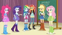 Size: 1920x1080 | Tagged: safe, derpibooru import, screencap, applejack, fluttershy, pinkie pie, rainbow dash, rarity, sunset shimmer, equestria girls, friendship games, boots, bracelet, chalkboard, clothes, cute, equation, happy, humane five, jewelry, shoes, skirt, smiling