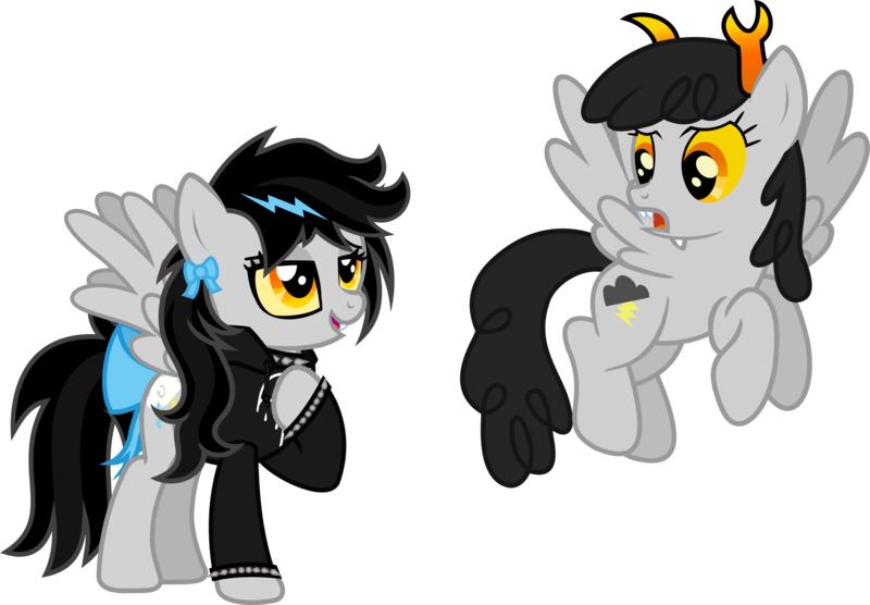 Size: 2330x1620 | Tagged: safe, artist:lightningbolt, derpibooru import, oc, oc:lightning dee, unofficial characters only, pegasus, pony, .svg available, bow, bracelet, choker, clothes, colored sclera, confused, duo, duo female, dyed mane, fangs, female, flying, happy birthday mlp:fim, homestuck, hoodie, hoof on chest, horns, mlp fim's tenth anniversary, open mouth, raised hoof, self ponidox, simple background, spiked choker, spiked wristband, spread wings, svg, tail bow, transparent background, troll, vector, wings, wristband