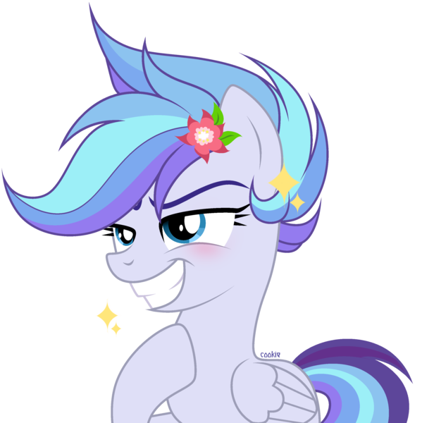 Size: 2600x2605 | Tagged: safe, artist:lazuli, derpibooru import, oc, unofficial characters only, pegasus, pony, commission, flower, flower in hair, grin, hoof on chest, pegasus oc, simple background, smiling, smug, solo, transparent background, wings, ych result