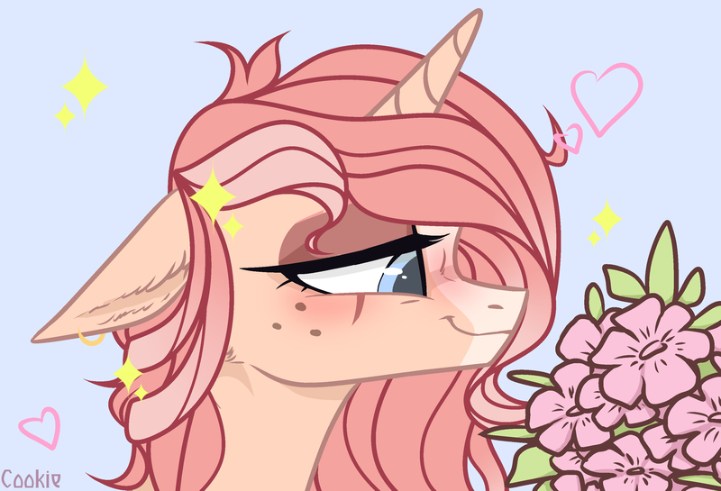 Size: 3000x2044 | Tagged: safe, artist:lazuli, derpibooru import, oc, unofficial characters only, pony, unicorn, blushing, bouquet, bust, commission, flower, freckles, heart, horn, signature, smiling, solo, unicorn oc, ych result