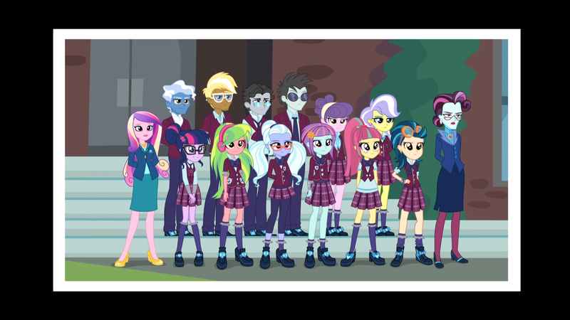 Size: 1920x1080 | Tagged: safe, derpibooru import, screencap, indigo zap, jet set, lemon zest, neon lights, pokey pierce, princess cadance, principal abacus cinch, rising star, sci-twi, sour sweet, sugarcoat, sunny flare, suri polomare, trenderhoof, twilight sparkle, upper crust, equestria girls, friendship games, awkward smile, crystal prep academy, crystal prep academy students, crystal prep shadowbolts, dean cadance, female, group photo, male, shadow five