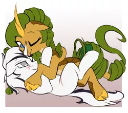 Size: 746x655 | Tagged: safe, artist:beardie, derpibooru import, kirin oc, oc, oc:eldorada, oc:yiazmat, kirin, unicorn, couple, female, horn, hug, lying down, lying on top of someone, male, pale belly, scar, teary eyes, unicorn oc