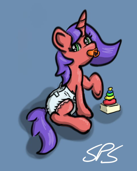 Size: 1080x1346 | Tagged: questionable, artist:sparklepopshine, derpibooru import, oc, oc:sparkle pop, unofficial characters only, pony, unicorn, abdl, baby toys, diaper, diaper fetish, female, fetish, non-baby in diaper, pacifier