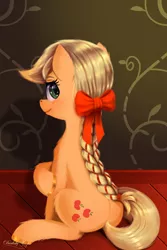 Size: 3000x4500 | Tagged: safe, artist:darksly, derpibooru import, applejack, earth pony, alternate hairstyle, braid, braided ponytail, chest fluff, freckles, hoof fluff, hoof shoes, looking at you, looking back, looking back at you, ribbon, sitting