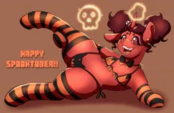 Size: 2244x1452 | Tagged: suggestive, artist:bellezebub, artist:roseandcompany, derpibooru import, oc, unofficial characters only, unicorn, bow, clothes, costume, halloween, holiday, leg lifted, lingerie, magic, magic design, october, raised leg, self insert, socks, solo, spooky, striped socks, thigh highs, thighs