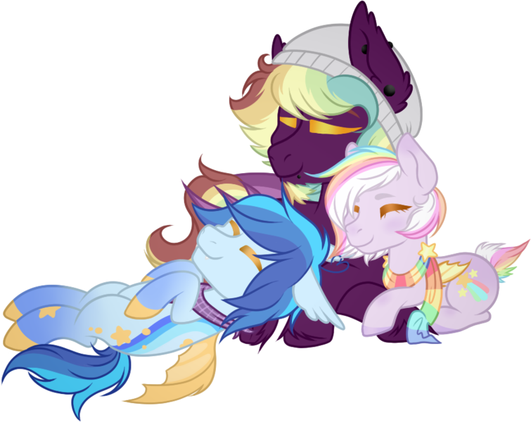 Size: 871x692 | Tagged: safe, artist:kryptidkitty, artist:sweethearttarot, derpibooru import, oc, oc:astro, oc:bright star, bat pony, pony, bandana, bat pony oc, bat wings, beanie, clothes, cuddling, female, group, hat, image, male, multicolored hair, piercing, png, rainbow hair, scarf, simple background, stars, transparent background, wings