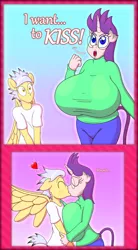 Size: 1395x2525 | Tagged: suggestive, artist:gunpowdergreentea, derpibooru import, oc, oc:peony burst, oc:salute charge, unofficial characters only, anthro, pegasus, unicorn, anthro oc, big breasts, blushing, breast squish, breasts, clothes, dialogue, duo, eyes closed, female, glasses, huge breasts, hyper, hyper breasts, impossibly large breasts, kissing, male, salony, shipping, straight, sweater