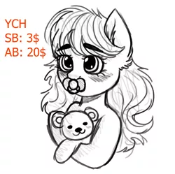 Size: 1841x1835 | Tagged: safe, artist:vaiola, derpibooru import, oc, pony, advertisement, auction, avatar, baby, baby pony, big eyes, blushing, bust, commission, cute, ear fluff, eyebrows, female, fluffy, hug, icon, long mane, mare, pacifier, portrait, shy, simple background, sketch, solo, teddy bear, ych sketch, your character here