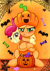 Size: 2000x2833 | Tagged: safe, alternate version, artist:theretroart88, derpibooru import, apple bloom, applejack, earth pony, pony, adorabloom, apple sisters, applejack is not amused, blushing, candy, clothes, costume, cute, duo, female, food, halloween, halloween costume, holiday, jackabetes, pumpkin, pumpkin bucket, pumpkinjack, siblings, sisters, tsundere, tsunjack, unamused