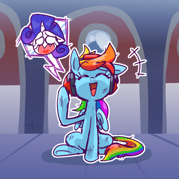 Size: 1024x1024 | Tagged: safe, artist:thegreatrouge, derpibooru import, rainbow dash, rarity, pegasus, pony, unicorn, charles calvin, crying, cute, dashabetes, eyes closed, female, floppy ears, headphones, henry stickmin, henry stickmin collection, hero, imminent death, mare, open mouth, sacrifice, sad, self sacrifice, space, spoilers for another series, tears of pain, this will end in death, this will end in tears, this will end in tears and/or death, valiant hero