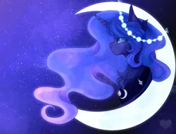 Size: 1580x1200 | Tagged: safe, artist:heartbloodlovesart, derpibooru import, princess luna, alicorn, pony, bust, chest fluff, crescent moon, ear fluff, ethereal mane, female, freckles, mare, moon, night, peytral, portrait, profile, signature, solo, stars