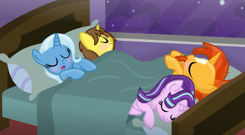 Size: 1716x947 | Tagged: safe, artist:grapefruitface1, derpibooru import, starlight glimmer, sunburst, trixie, oc, oc:grapefruit face, pony, unicorn, base used, bed, blushing, canon x oc, female, grapexie, male, shipping, sleeping, sleepover, starburst, straight