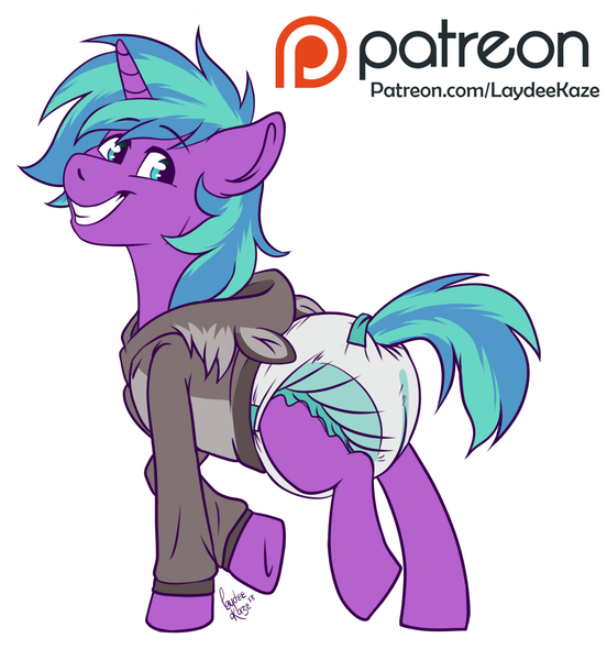 Size: 1000x1087 | Tagged: suggestive, artist:laydeekaze, derpibooru import, oc, oc:oakley, pony, clothes, diaper, diaper fetish, fetish, hoodie, non-baby in diaper