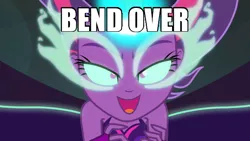 Size: 600x338 | Tagged: suggestive, derpibooru import, edit, edited screencap, screencap, sci-twi, twilight sparkle, equestria girls, friendship games, bare shoulders, bend over, caption, evil twilight, glowing eyes, image macro, lidded eyes, looking at you, meme, midnight sparkle, sleeveless, solo, strapless, text