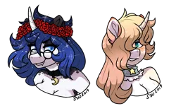Size: 1269x762 | Tagged: safe, artist:silentwolf-oficial, derpibooru import, oc, unofficial characters only, anthro, unicorn, blushing, bust, choker, collar, duo, floral head wreath, flower, glasses, hair over one eye, horn, rose, signature, simple background, smiling, transparent background, unicorn oc
